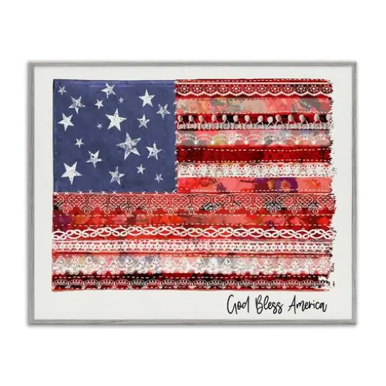 Stupell Industries God Bless America Phrase Macrame Pattern Flag Framed Giclee Art Gray {1}