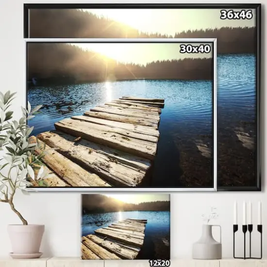 Designart - Large Wooden Pier into the Lake - Seashore Framed Canvas Art Print Gold {5}