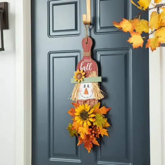 Glitzhome&reg; 26" Fall Wood Scarecrow Floral Door Hanger {5}