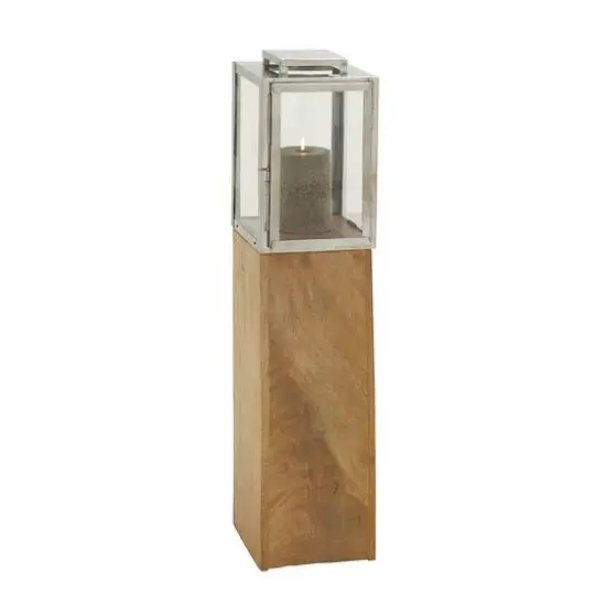 Brown Mango Wood Contemporary Candle Holder Lantern, 36" x 9" x 9" {1}