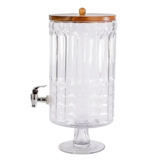 Hello Honey 8-Quart Cut Glass Beverage Dispenser with Plastic Spout and Acacia Wood Lid, Silver Color and Natural {7}