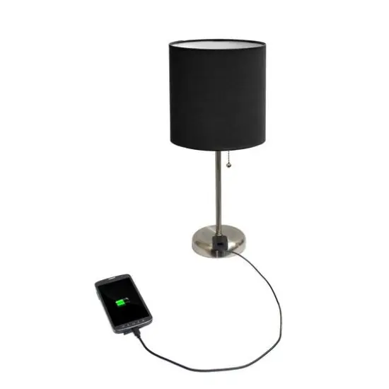 LimeLights 19.5" Stick Lamp with Charging Outlet and Fabric Shade Brushed Steel and Black {6}