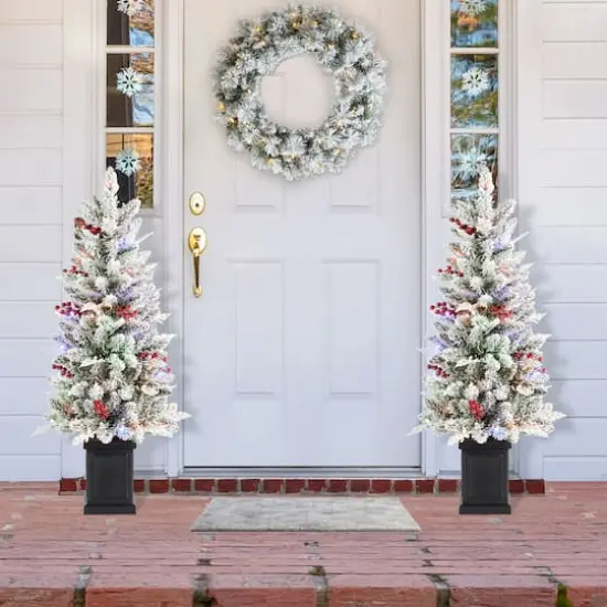 Glitzhome® 4ft Pre-Lit Flocked Artificial Christmas Porch Tree, Multi-color LED Lights {5}