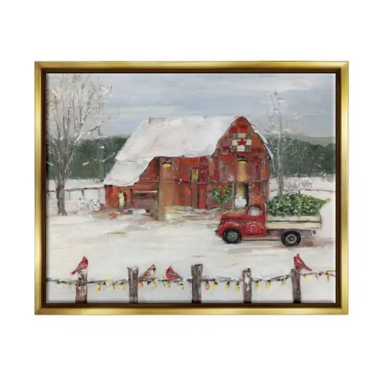 Stupell Industries Holiday Barn Winter Scene Framed Floater Canvas Wall Art Gold {1}