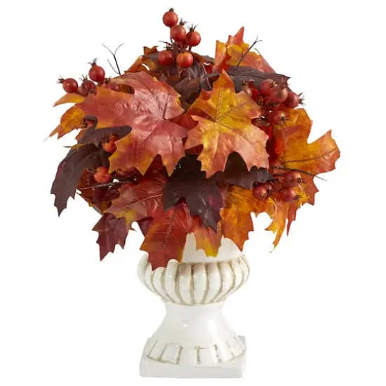 20" Autumn Maple Leaf & Berries Plant in White Urn {1}