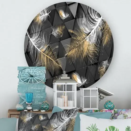 Designart - White and Gold Feathers On Triangular - Modern Metal Circle Wall Art {3}