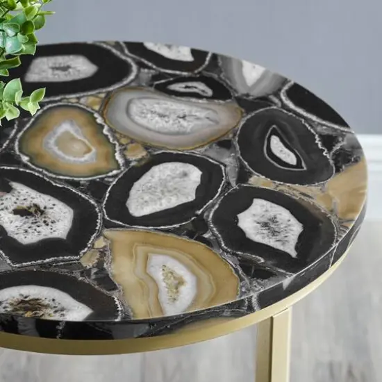 Walker Edison 16" Faux Stone Round Glam Side Table Faux Black Agate/Gold {7}