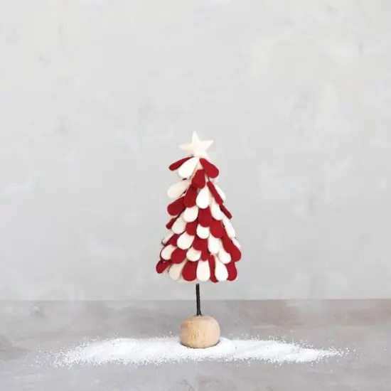 Hello Honey® 13" Red & White Star-Topped Handmade Wool Felt Tree with Wood Ball Base {3}