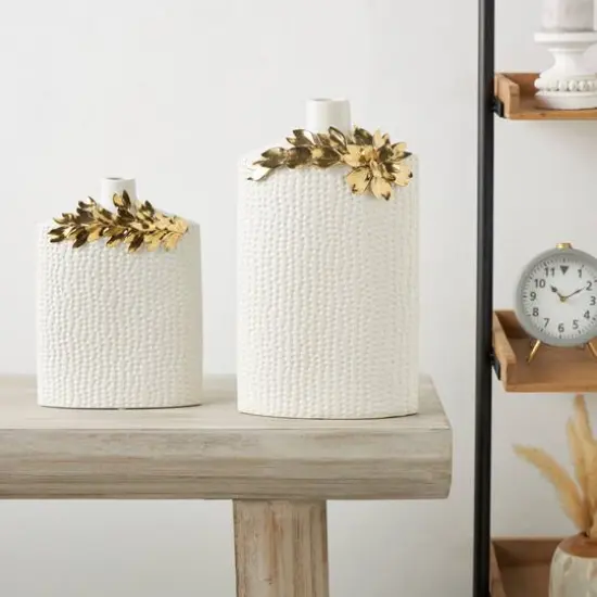 White & Gold Leaf Accent Ceramic Vase Set {12}