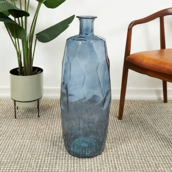 29" Blue Recycled Glass Tall Spanish Bottleneck Vase {7}