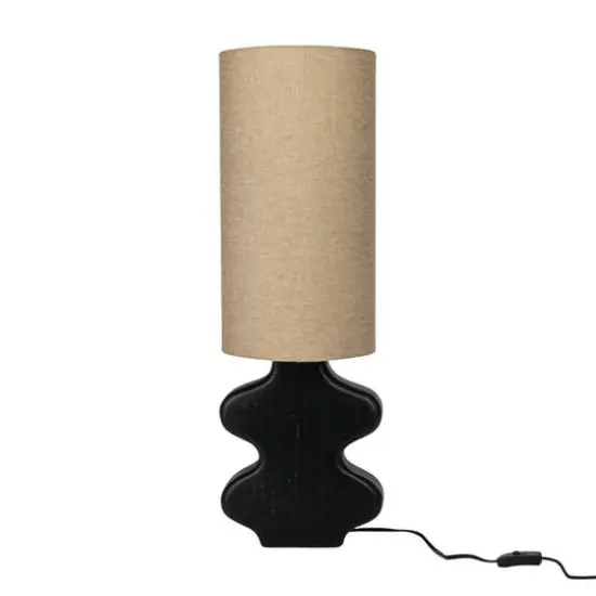 Hello Honey&reg; 2ft. Black & Natural Mango Wood Abstract Shaped Table Lamp with Cotton Shade & Inline Switch {11}