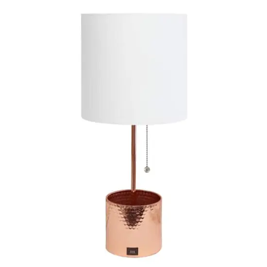 Simple Designs 18.5" Hammered Metal Container Base Table Lamp with USB Charging Port White/Rose Gold {1}