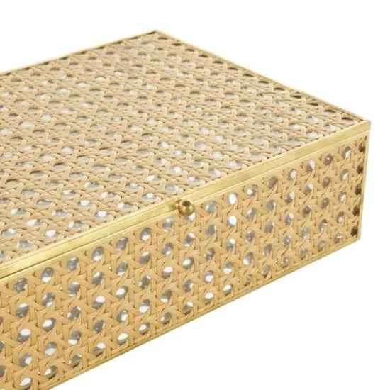 Brown Woven Rattan & Glass Panel Jewelry Box with Chain Accent Set {6}