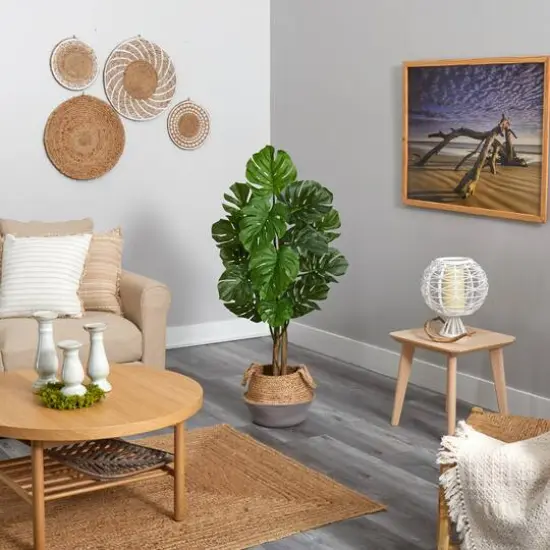 4ft. Monstera Artificial Tree in Boho Chic Handmade Cotton & Jute Gray Woven Planter UV Resistant (Indoor/Outdoor) {5}