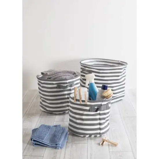 DII&reg; Round Stripes PE-Coated Herringbone Woven Cotton Laundry Bin Set Gray {4}