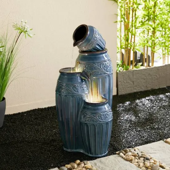 Glitzhome&reg; 35.5" 4-Tier LED Turquoise Embossed Ceramic Pots Outdoor Floor Fountain {6}