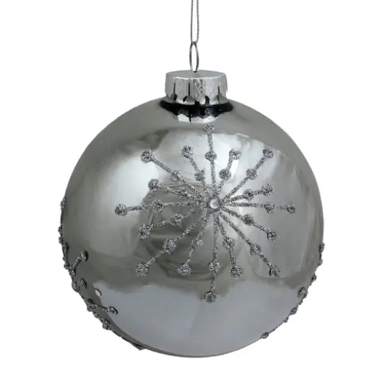 4" Shiny Silver Mirrored Glitter Snowflakes Ball Ornament {1}