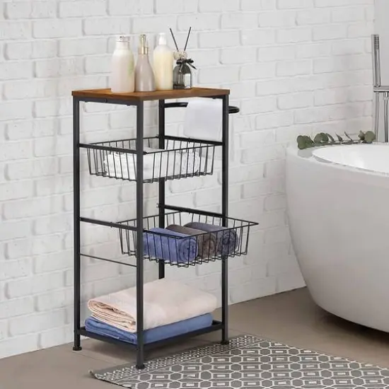 Black 4-Tier Rolling Cart with Storage Basket Shelf {7}