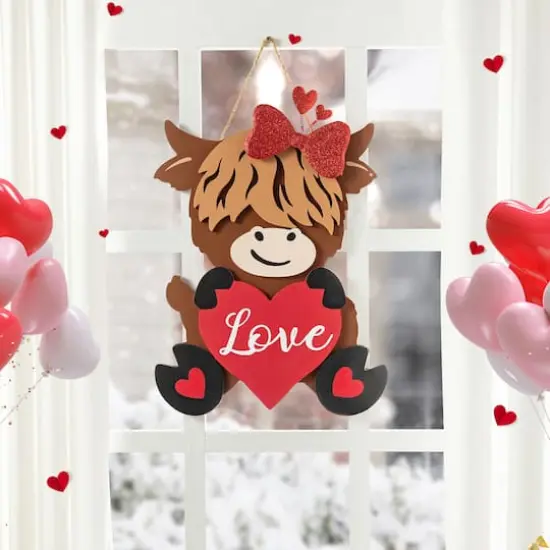 Glitzhome&reg; 18" Valentine's Wooden Highland Cow Door Hanger {4}