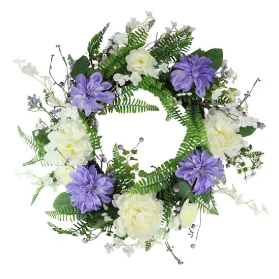 22" Purple & White Peony & Daisy Assorted Foliage Artificial Spring Wreath {1}