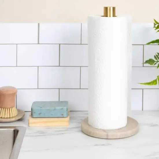 Hello Honey&reg; 12" Modern Marble with Brass Detail Paper Towel Holder Beige {3}