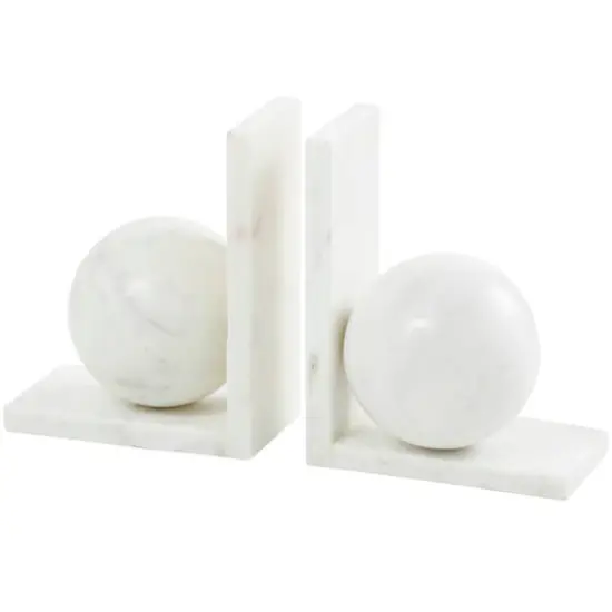 7" White Marble Sleek Orb Geometric Bookends with L-Shaped Bases Set {1}