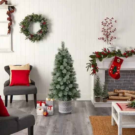 4.5ft. Pre-Lit Nova Scotia Pine Artificial Christmas Tree in Engraved Geometric Stone Planter, Warm White LED Lights {3}