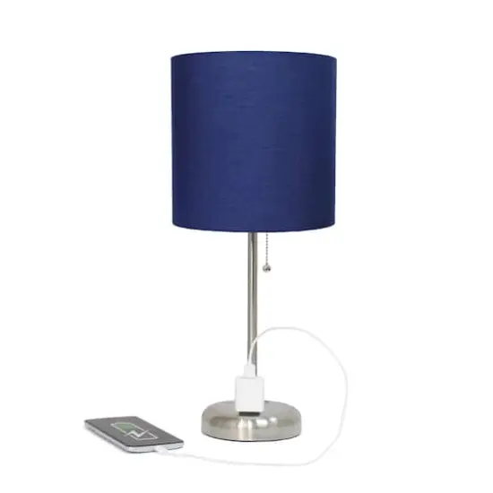 Creekwood Home Oslo 19.5" Power Outlet Table Lamp Brushed Steel Base/Navy Blue Shade {7}