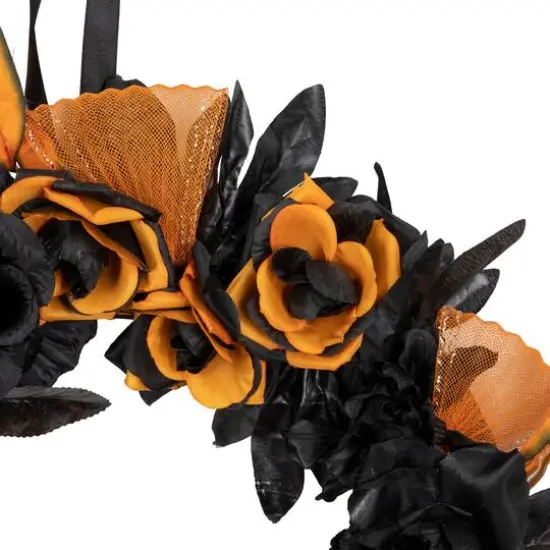 14" Skull with Black & Orange Roses Halloween Wreath {5}