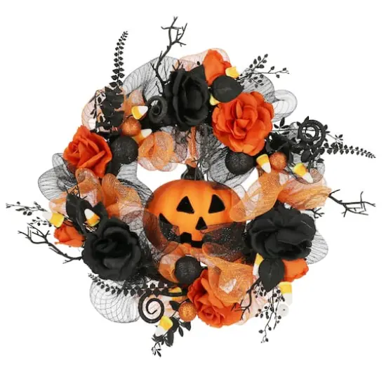 24" Orange & Black Jack-o'-Lantern & Roses Wreath by Ashland® {1}