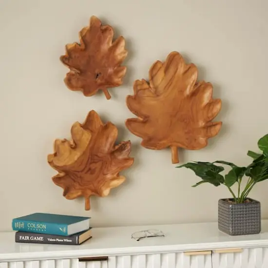 Brown Teak Wood Leaf Tray Set {3}