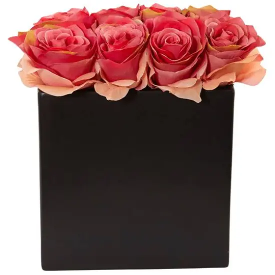 Rose Arrangement In Black Square Vase Dark Pink {1}