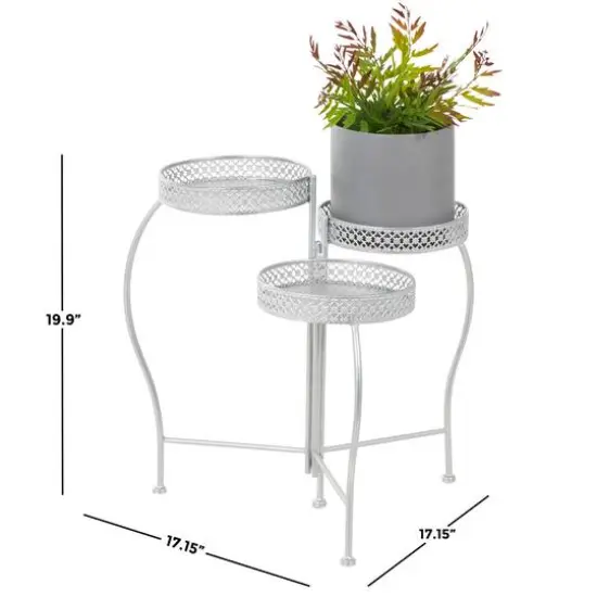 20" Metal Curved Folding 3-Tier Plant Stand with Floral & Scroll Patterns Silver {8}