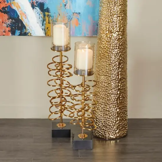 Gold Metal Ring Stand Pillar Hurricane Lamp Set {3}