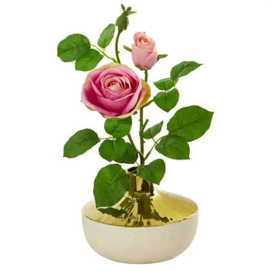 16" Rose Artificial Arrangement in Gold and Cream Elegant Vase {1}