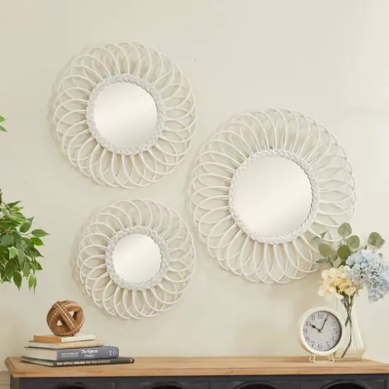 White Woven Rattan Round Wall Mirrors Set {8}