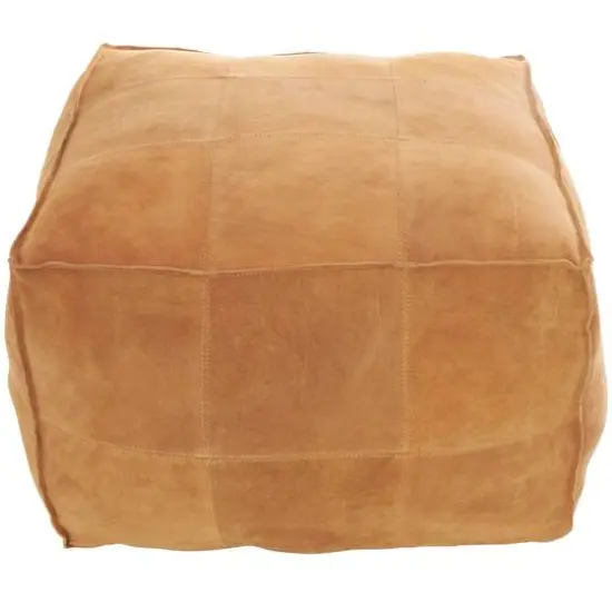 28" Leather Low Profile Square Pouf with Patchwork Design Light Brown {4}