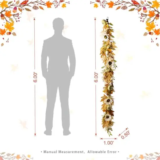 Glitzhome&reg; 72" Fall Neutral Sunflower, Pumpkin and Leaf Garland {9}
