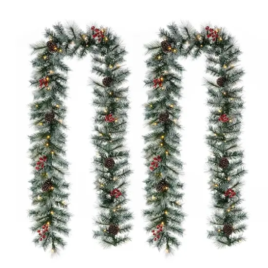 Glitzhome® 2 Pack 9ft. Pre-Lit Greenery Pinecones & Red Berries Christmas Garland {1}