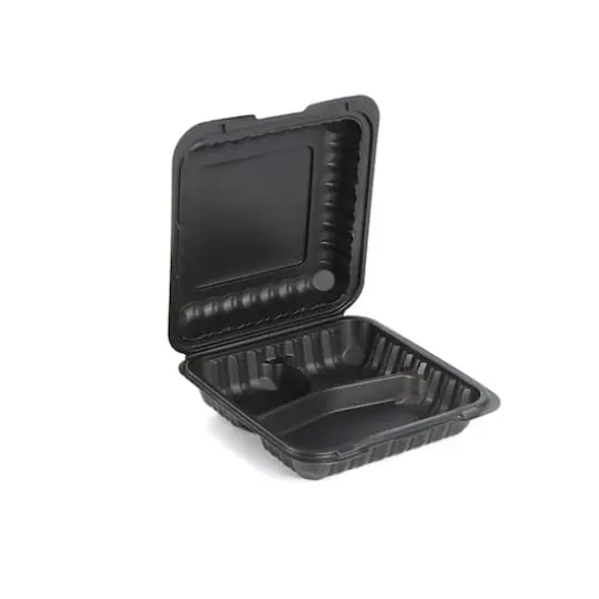 9" Black 3-Compartment Clamshell Take Out Containers, 150ct. {3}