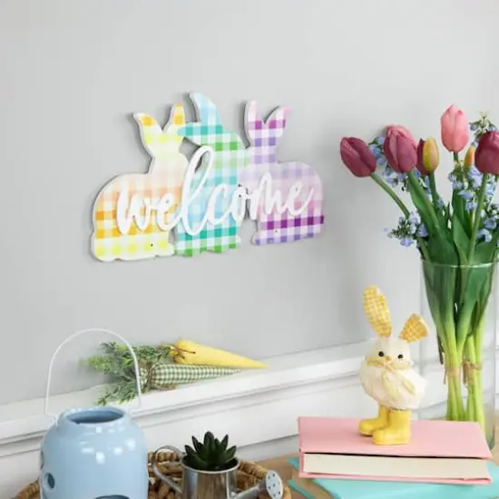 Pastel Gingham Easter Bunnies Welcome Wall Sign {3}