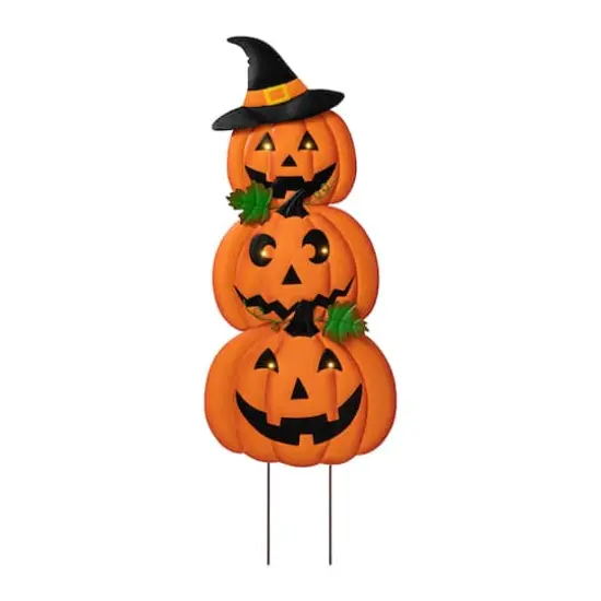 Glitzhome&reg; 3.3ft. Halloween Lighted Metal Stacked Jack-O-Lantern Yard Stake Set {1}