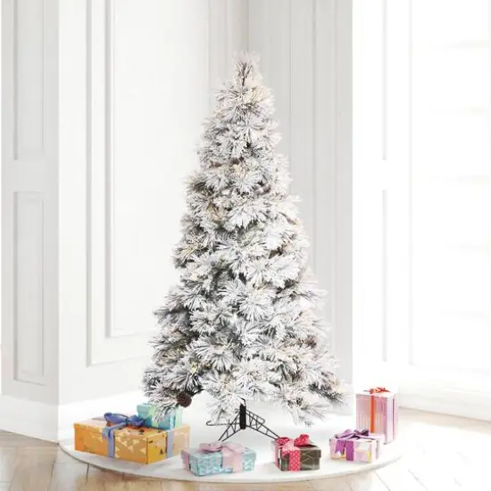 5.5ft. Pre-Lit Flocked Atka Slim Artificial Christmas Tree, Warm White LED Lights {3}