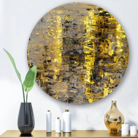 Designart - Yellow Meets Grey Abstract Art II - Modern Metal Circle Wall Art {3}