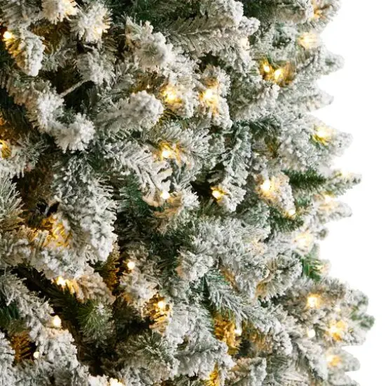 10ft. Pre-Lit Slim Flocked Montreal Fir Artificial Christmas Tree, White LED Lights {7}