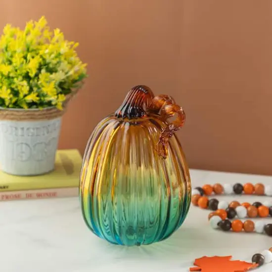 Glitzhome&reg; 7" Gradient Turquoise Glass Pumpkin {3}