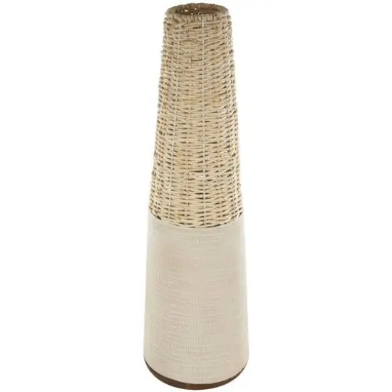 Light Brown Rattan Handmade Woven Vase with Beige Metal Base {1}