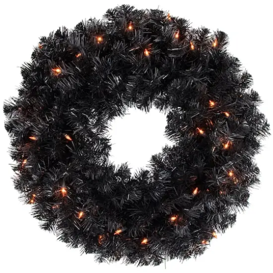 24'' Pre-Lit Black Noble Spruce Artificial Halloween Wreath {1}