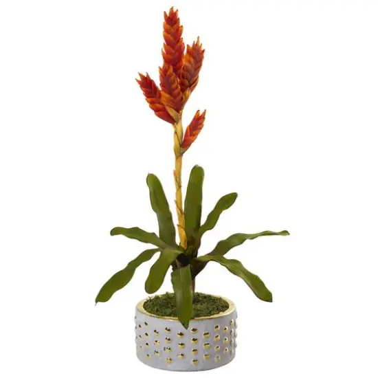 2ft. Orange Tropical Bromeliad Artificial Plant in Bowl with Gold Trimming {1}