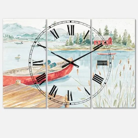 Designart Lake House Canoes I 3 Panel Wall Clock {1}